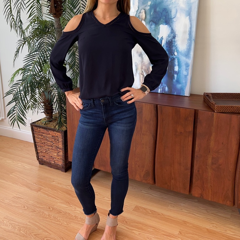 Navy blue, cold shoulder, long sleeve blouse.